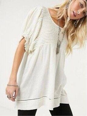 Free People Elise cream tunic top with puff sleeves boho festival rodeo spring